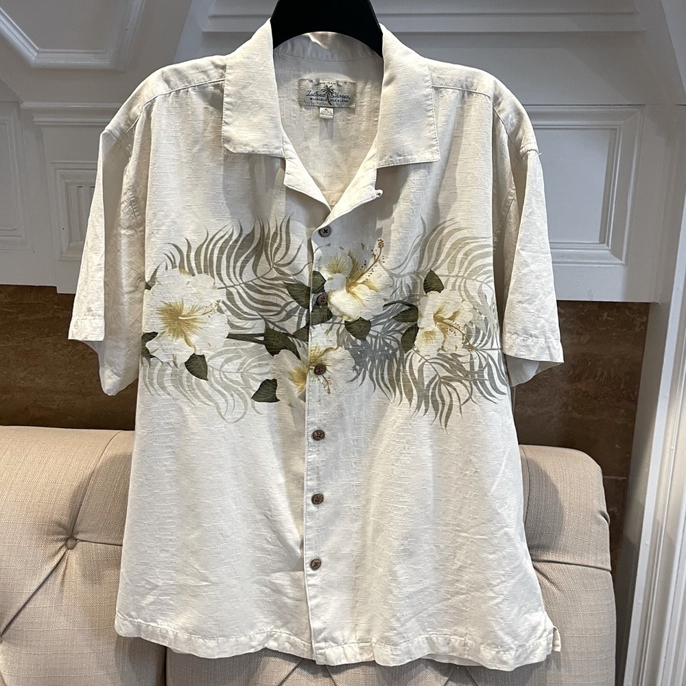 Island Shores Silk Floral Hawaiian Casual Button-Down Shirts Mens XL Cream